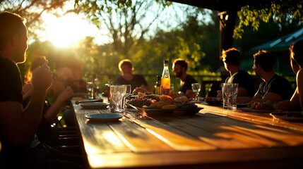 Sommerlicher Grillabend im Freien: BBQ, Fleisch, Gemüse und geselliges Beisammensein bei Sonnenuntergang