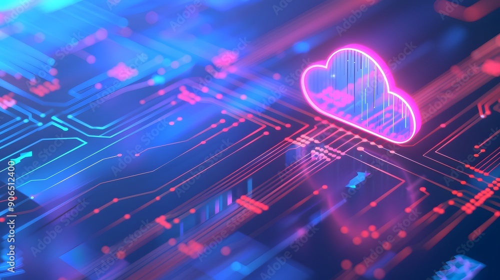 Poster a vibrant digital cloud in a futuristic circuit. concept of cloud computing, data storage, and moder