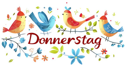 german word "Donnerstag" thursday, with colorful birds on white background