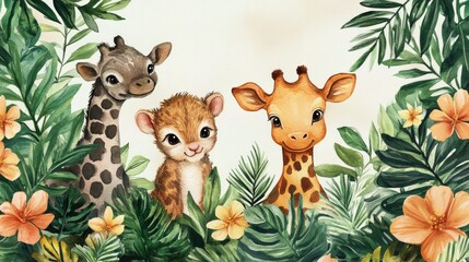 Obraz premium Watercolor baby safari animals in a jungle scene with tropical plants