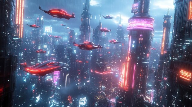 futuristic cityscape with flying cars and towering skyscrapers, neon lights, photo-realistic, ultra-detailed