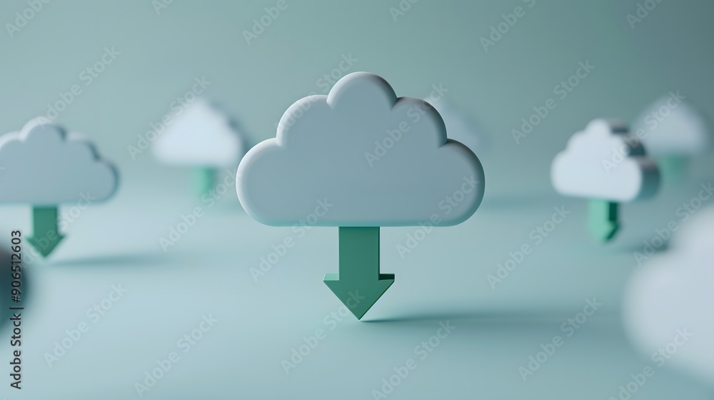Poster abstract 3d image of cloud icons with download arrows on a soft blue background, representing cloud 