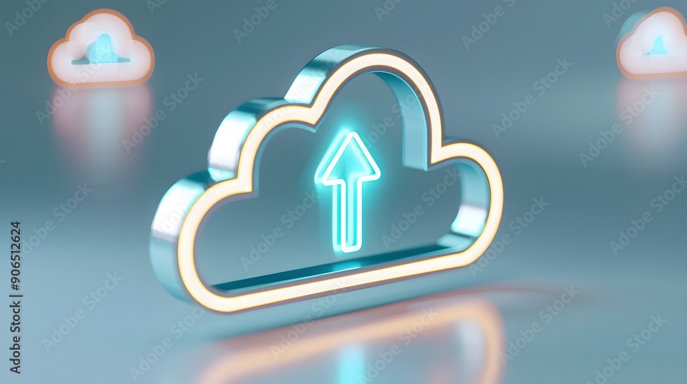 Poster abstract 3d rendering of glowing cloud icon with upload arrow, representing cloud computing and digi