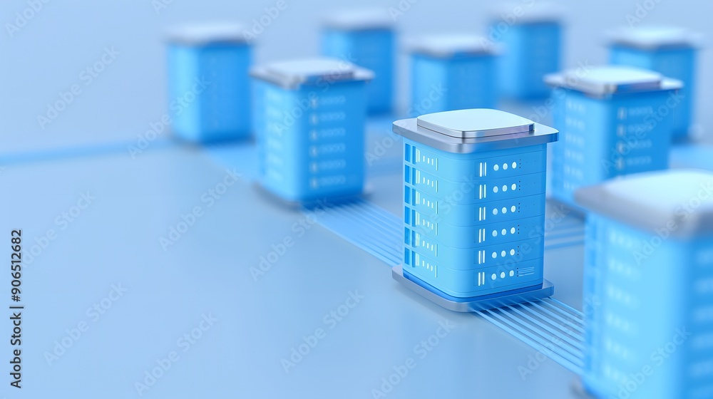 Poster abstract blue digital network with stylized buildings illustrating cloud computing and data storage 