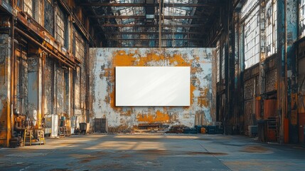 Obraz premium Rustic Industrial Warehouse Interior with Large Blank s on Weathered Wall and Sunlight Streaming Through Windows