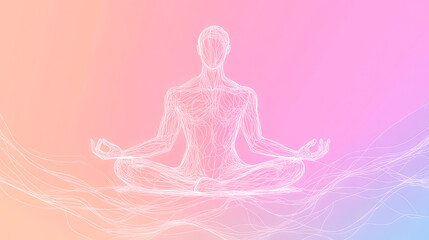 colorful pencil line drawing of a meditating man on pink background