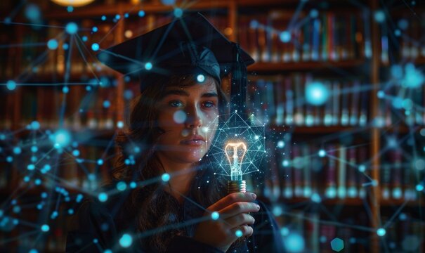 A student wearing a graduation gown and graduation hat stands holding a light bulb in the library, close up hand, digital network lines hologram around light, Generative AI