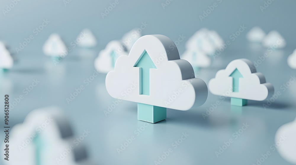 Poster abstract concept of cloud computing and data storage with multiple cloud icons showing upward arrows