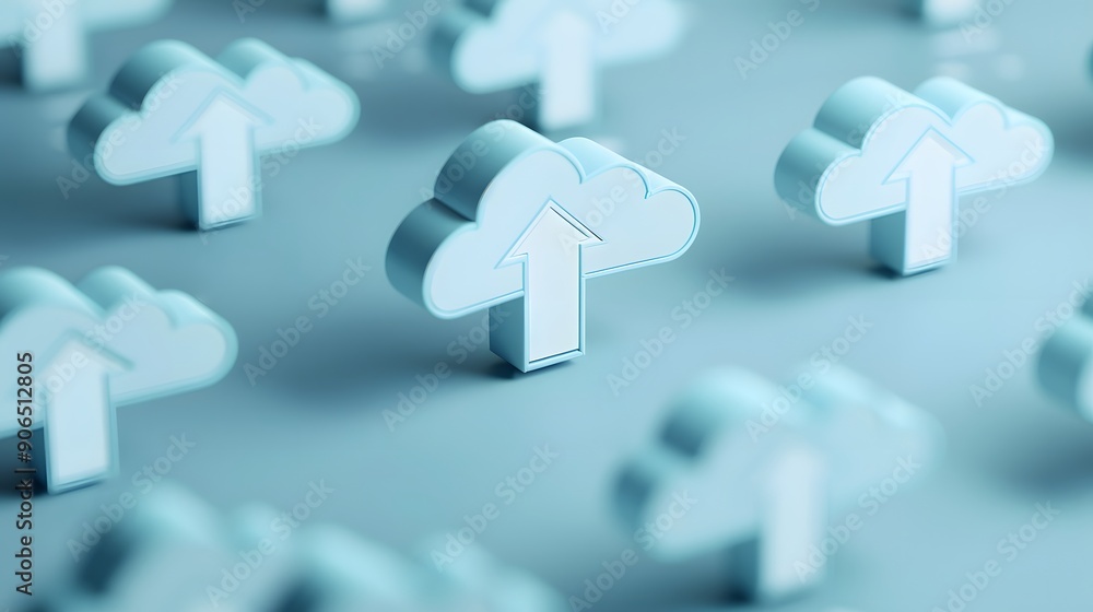 Poster abstract cloud computing icons displaying upload symbols, representing data storage and digital tech