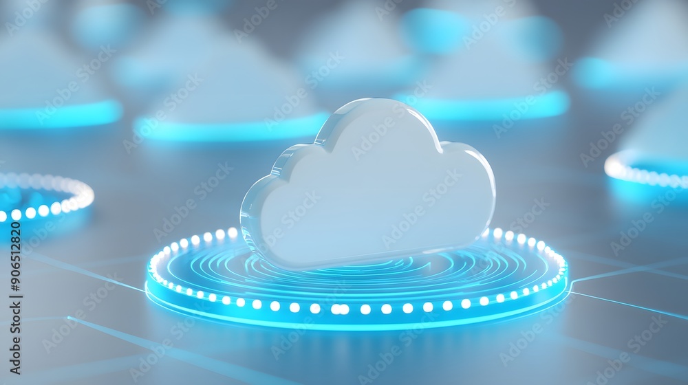 Poster abstract concept of digital cloud computing with blue glowing circles. visual representation of mode