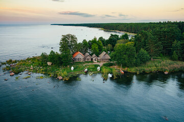 Aerial view of picturesque Altja, a typical seaside fishing village on the shore of Gulf of Finland, Lahemaa National Park, northern Estonia