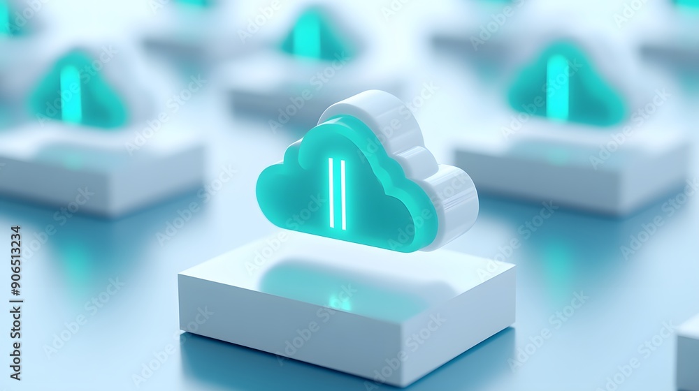 Poster abstract image of cloud technology showcasing data storage with futuristic glowing icons on blue bac