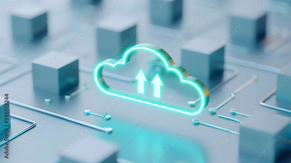 Poster abstract image of cloud computing, showcasing a digital cloud icon and arrows, representing data upl