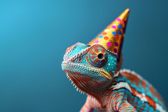 Funny chameleon with birthday party hat on blue background