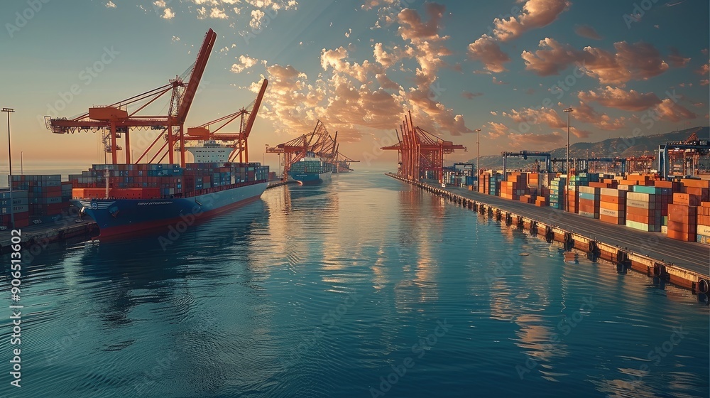 Poster a container shipping post docks with cranes unloading containers from ships, during daylight hours. 