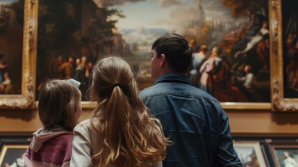 Family enjoys viewing art paintings at a museum, appreciating historical artwork and cultural heritage together.
