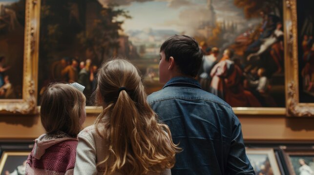 Family enjoys viewing art paintings at a museum, appreciating historical artwork and cultural heritage together.