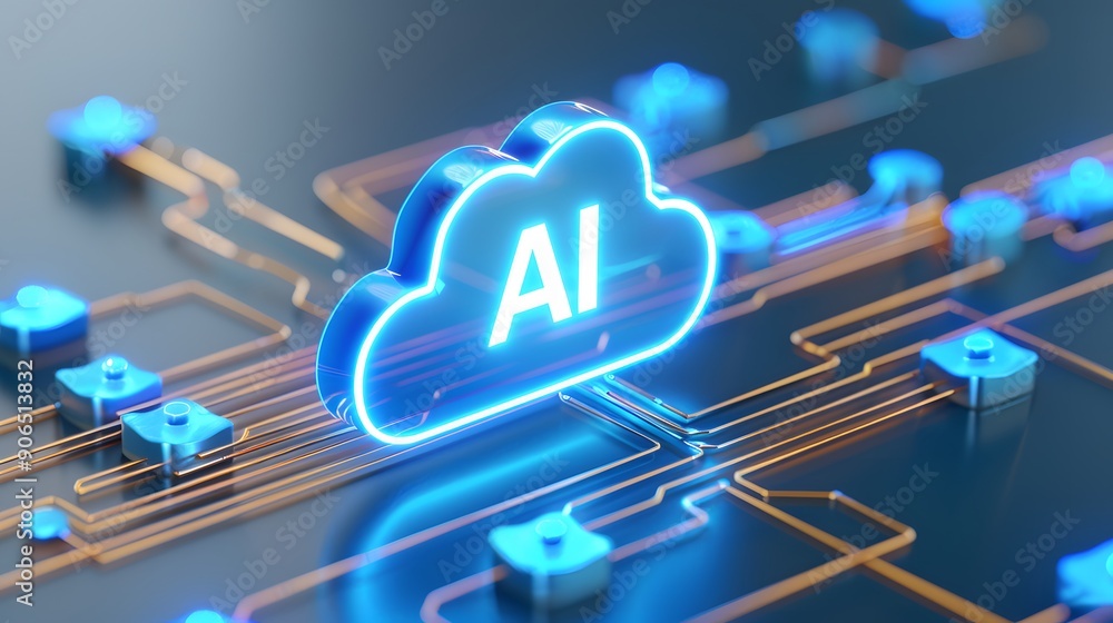 Poster ai cloud technology concept with glowing circuits and cloud icon, representing artificial intelligen
