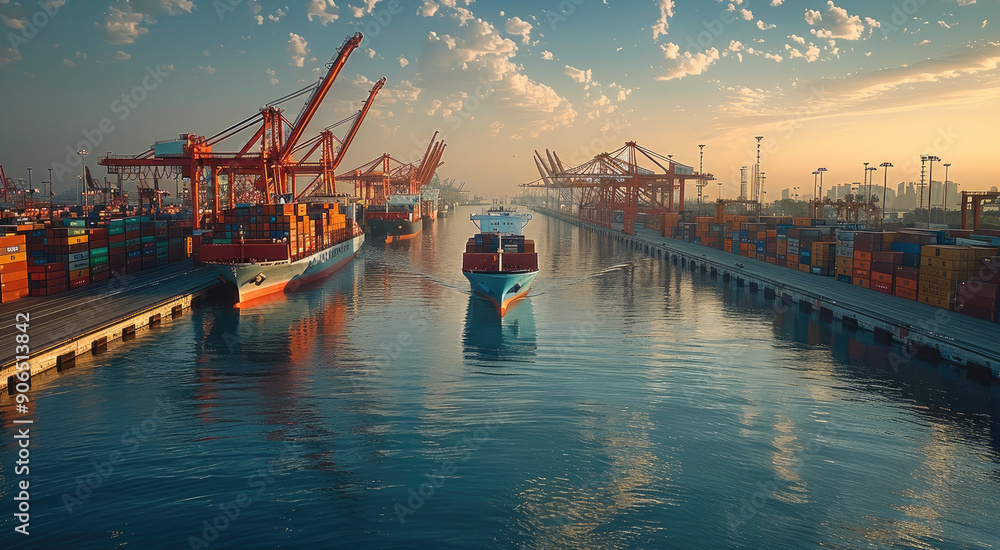 Poster a container shipping post docks with cranes unloading containers from ships, during daylight hours. 