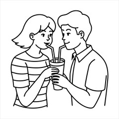 A couple sharing a milkshake with two straws line art vector
