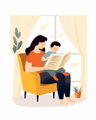 A mother reading a children's book to her son in a cozy living room