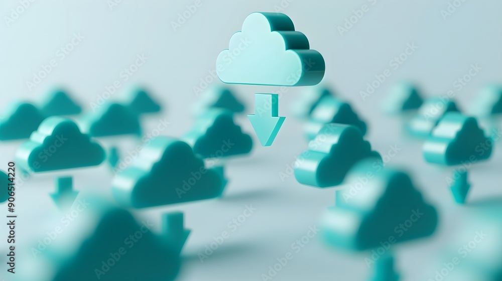Poster blue cloud icons with arrows represent cloud computing and data transfer in a digital 3d illustratio