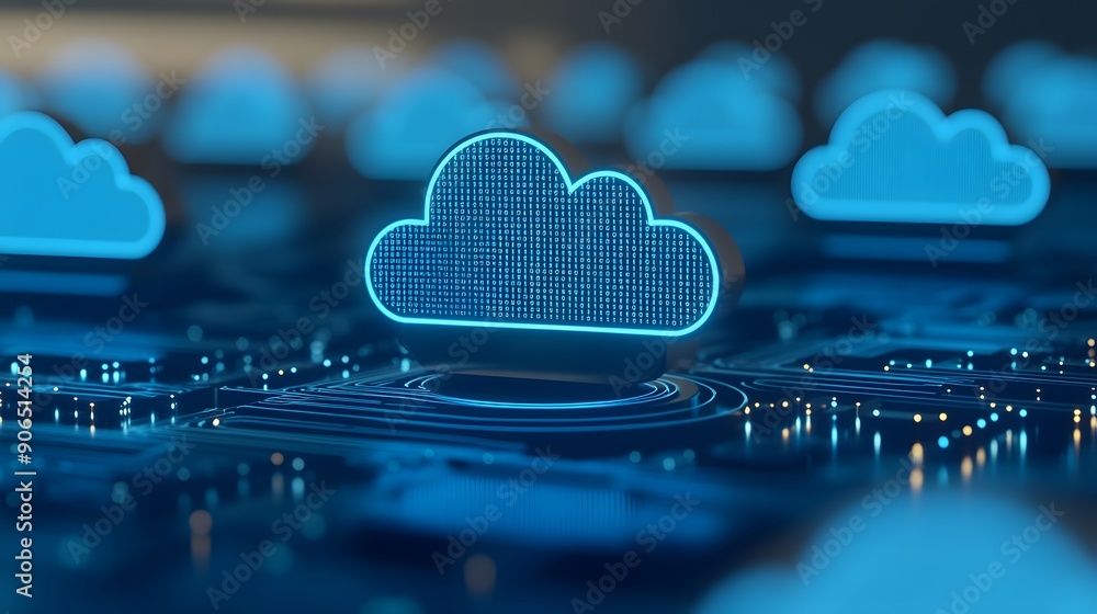 Poster blue cloud icons representing cloud computing technology over a digital circuit board, symbolizing d