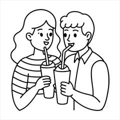 A couple sharing a milkshake with two straws line art vector