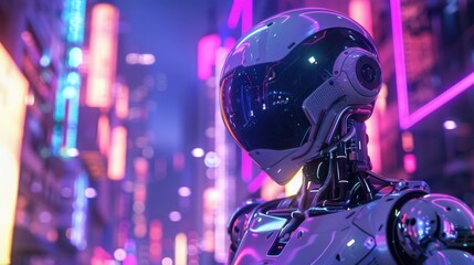 Fototapeta premium Futuristic robot in neon-lit city street at night, showcasing advanced technology and cyberpunk aesthetics.