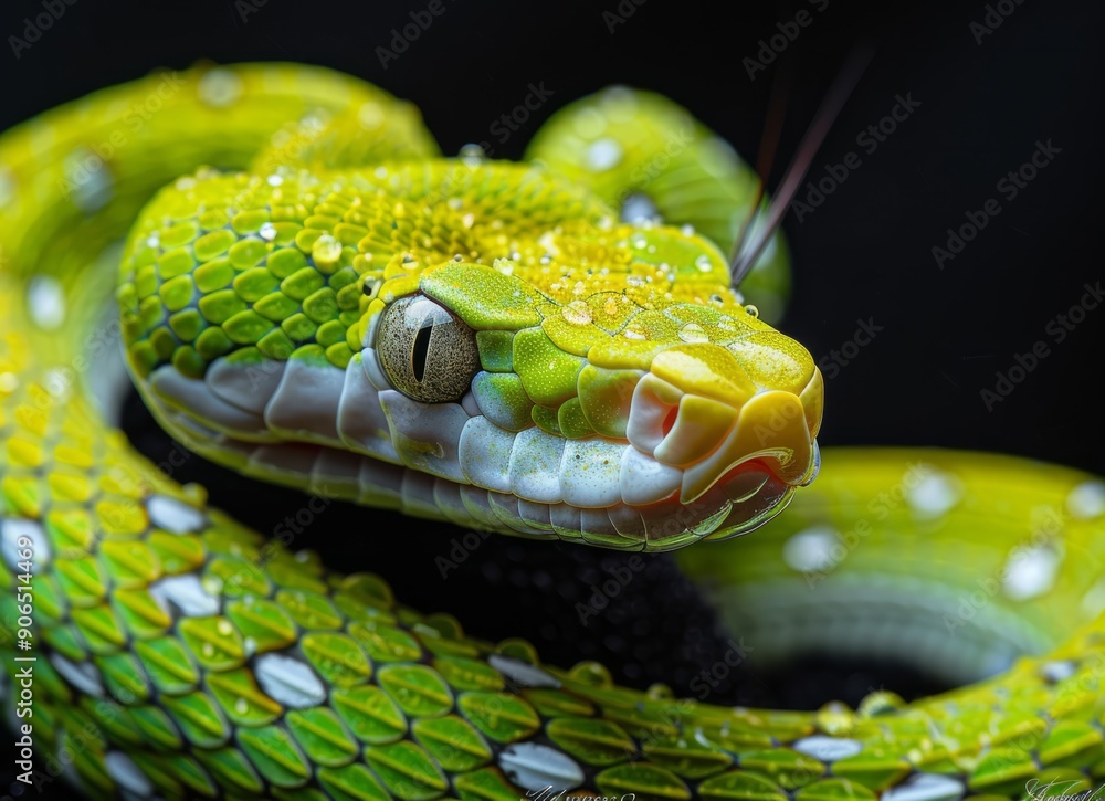 Poster green tree python with water droplets
