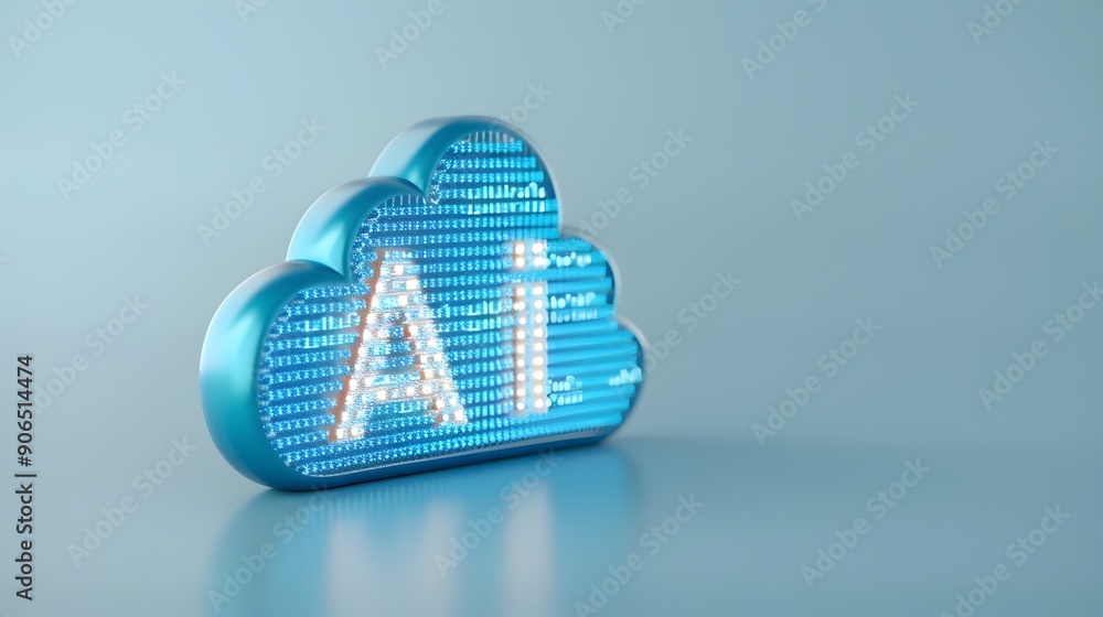 Poster blue cloud-shaped object with 'ai' glowing text represents artificial intelligence technology on a g