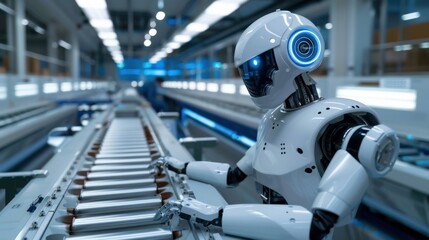 Fototapeta premium Futuristic robot working on a conveyor belt in a high-tech manufacturing facility, showcasing artificial intelligence and automation.