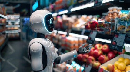 Futuristic robot shopping in a supermarket, showcasing advanced AI technology in a retail environment. Concept of automation in daily life.