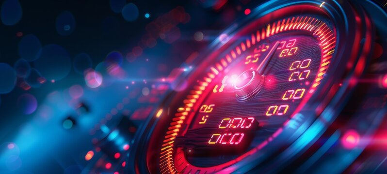 Futuristic speedometer with glowing red light and year 2025 displayed - Powered by Adobe