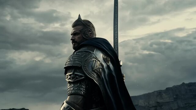 A man in a suit of armor stands in front of a sword. The sky is cloudy and the man is looking off into the distance.