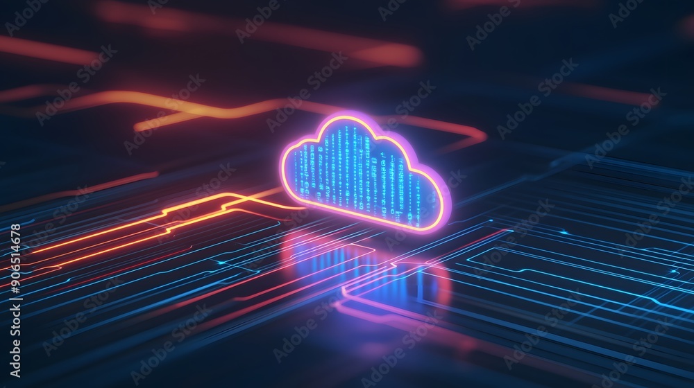 Poster bright neon cloud symbol representing cloud computing and data storage, set against a futuristic tec