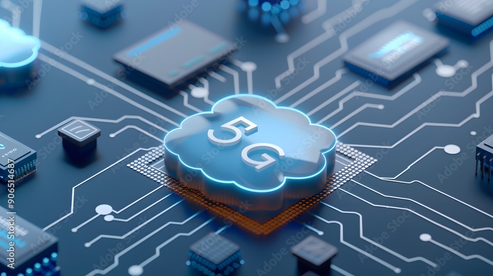 Poster close-up of 5g network technology on a circuit board, illustrating advanced telecommunications and h
