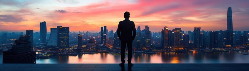 silhouette of a business professional standing on a rooftop overlooking a city skyline at dusk, photo-realistic, high resolution