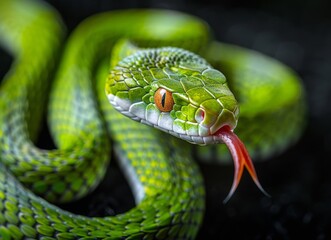 Green Pit Viper with Forked Tongue