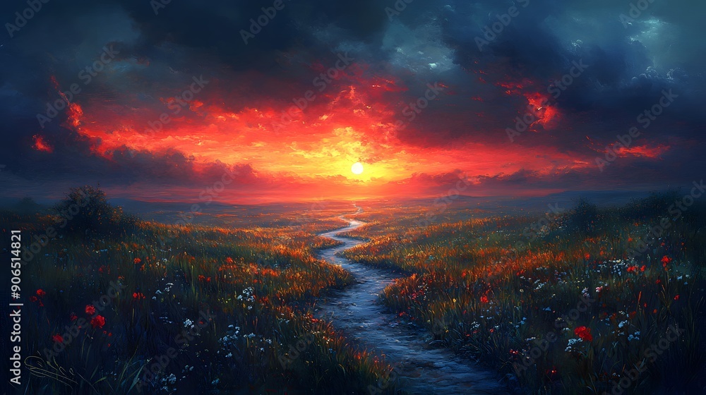 Canvas Prints sunset path through field of flowers.