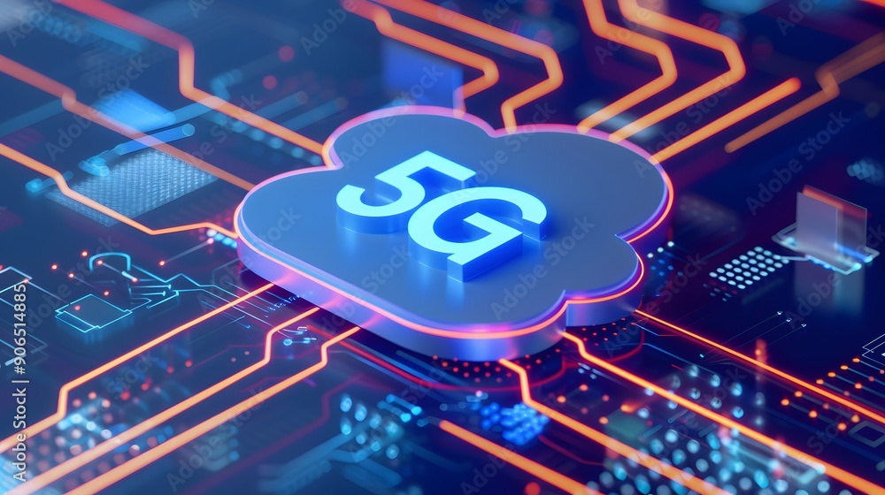 Poster close-up of a 5g symbol on a circuit board, representing high-speed wireless communication technolog