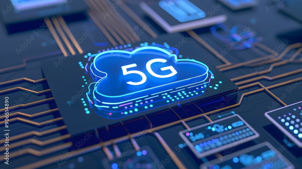 Poster close-up of a 5g microchip on a circuit board, representing next-generation wireless technology and 