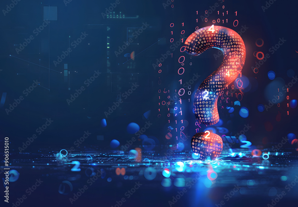 Fototapete 3d question marks with binary code, AI in question answering systems, natural language processing algorithms, information retrieval platforms, and personalized knowledge assistance design
