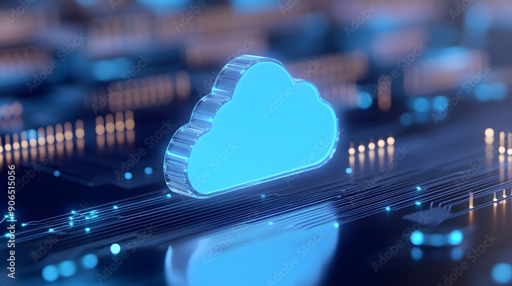 Poster close-up of a glowing cloud icon on a circuit board, representing cloud computing and modern technol