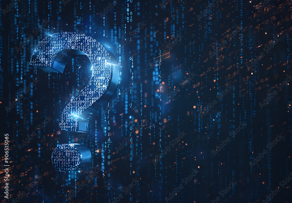 Fototapete 3d question marks with binary code, AI in question answering systems, natural language processing algorithms, information retrieval platforms, and personalized knowledge assistance design
