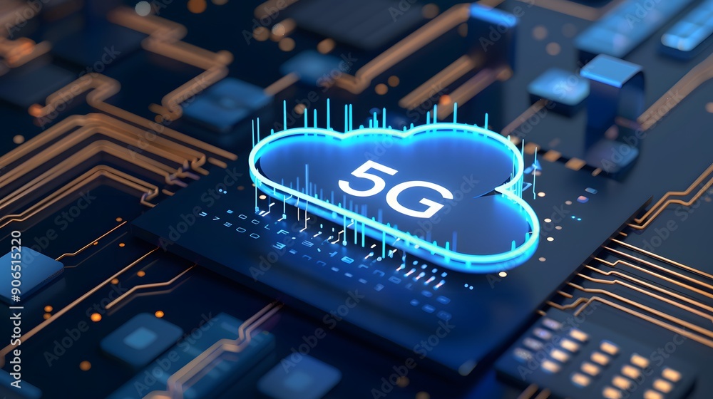 Poster close-up of a microchip with a glowing 5g cloud icon, representing high-speed wireless technology an