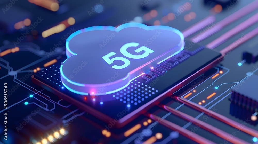 Aufkleber close-up of a microchip with 5g cloud icon, representing advanced technology and high-speed wireless