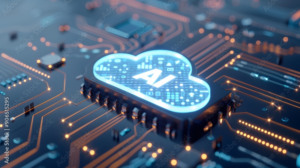 Poster close-up of an ai chip embedded in a circuit board, symbolizing artificial intelligence and futurist