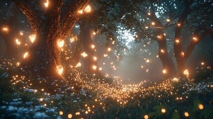 Naklejka premium A dreamlike enchanted forest with trees whose branches are adorned with twinkling, fairy lights. The ground is covered with soft, luminescent moss and delicate, glowing flowers. A gentle,