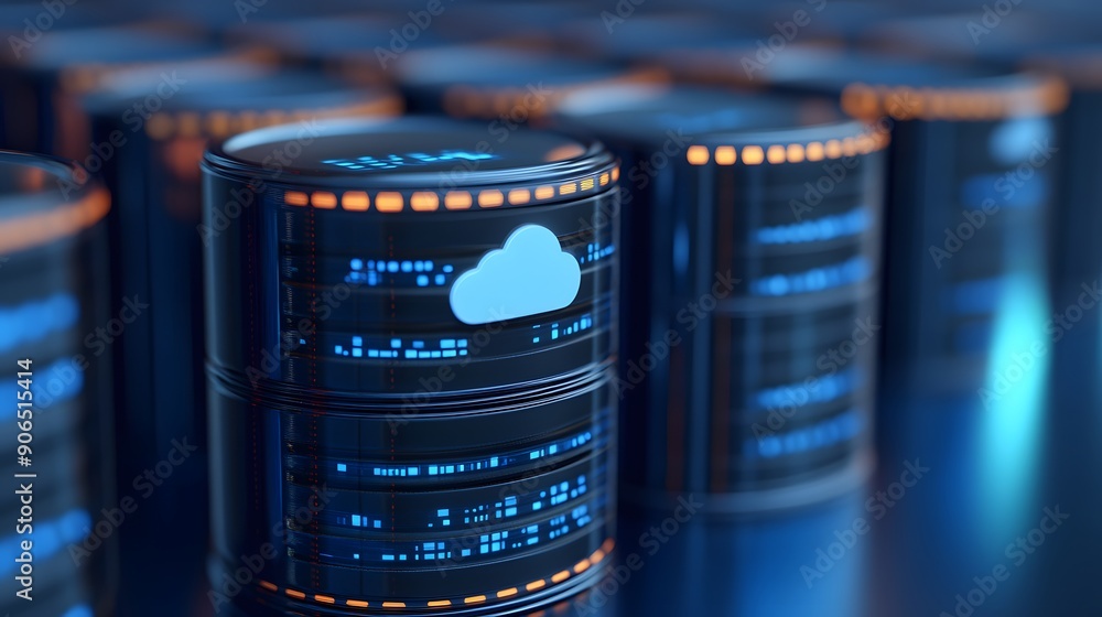 Poster close-up of futuristic cloud storage data center with glowing blue digital interfaces and modern tec